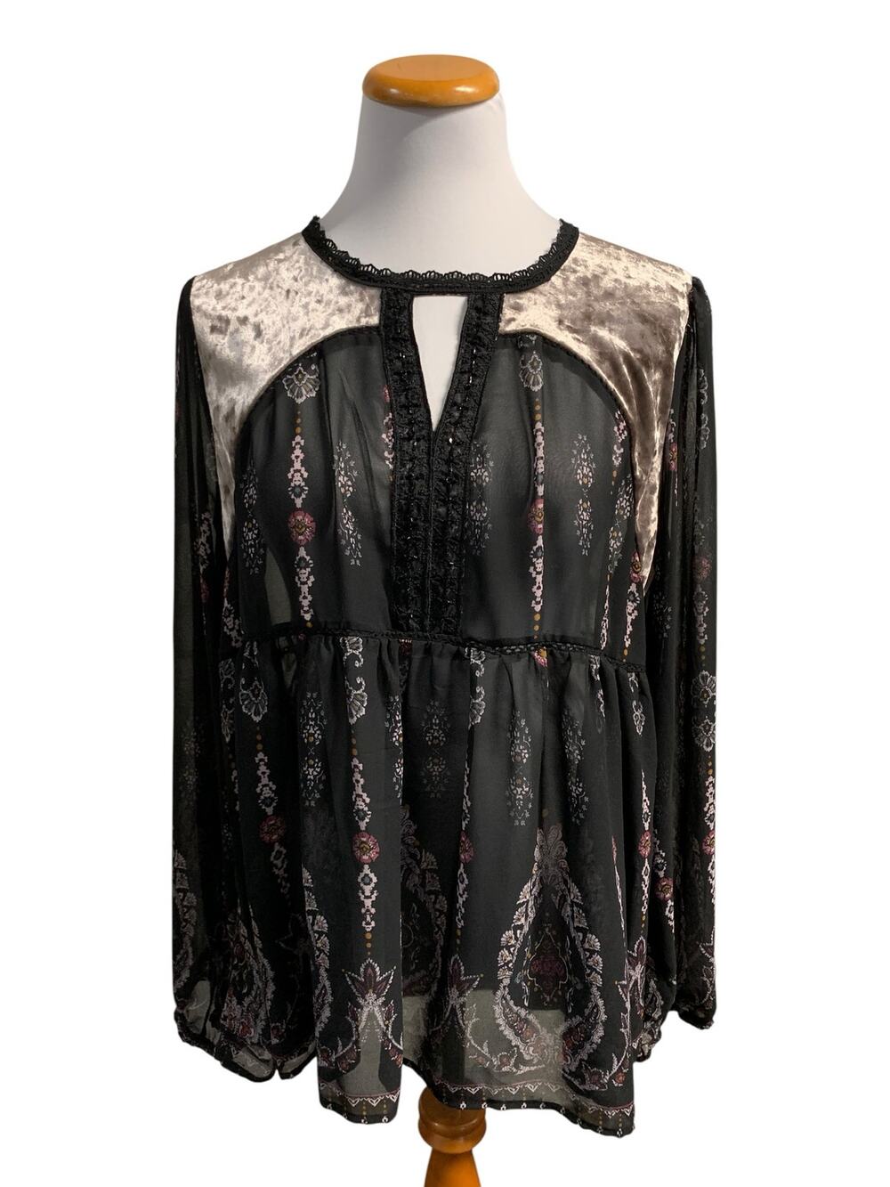 Knox Rose Boho Long Sleeve Blouse Black Semi Sheer Velvet Women's XXL Whimsigoth